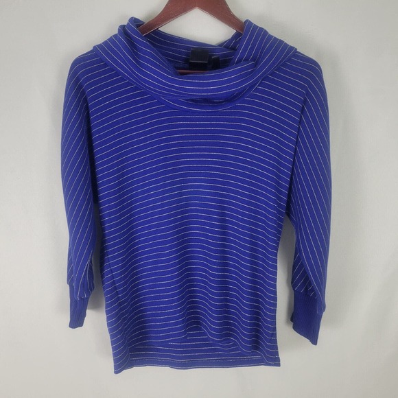 Rafaella Womens Sweater XS Petite Blue Metallic Striped Long Sleeve Cowl Neck - Picture 1 of 10